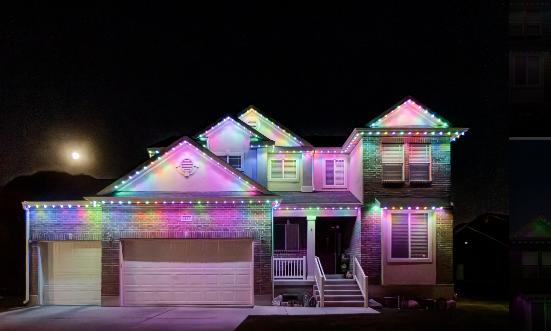 Home lit with permanent color-changing LED lights along the entire roofline